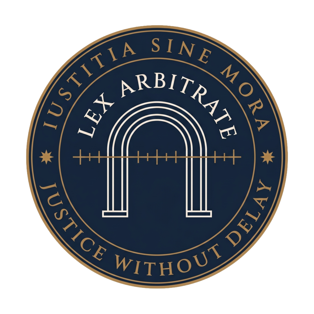 Lex Arbitrate Primary Institutional Seal — Iustitia Sine Mora · Justice Without Delay · Estd. MMXXVI